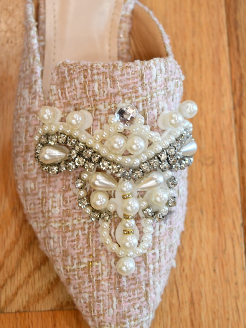 Pink Tweed Pointed-Toe Slip-On Flat Mule Slides Pearl/Jeweled Embellished - Picture 3 of 5